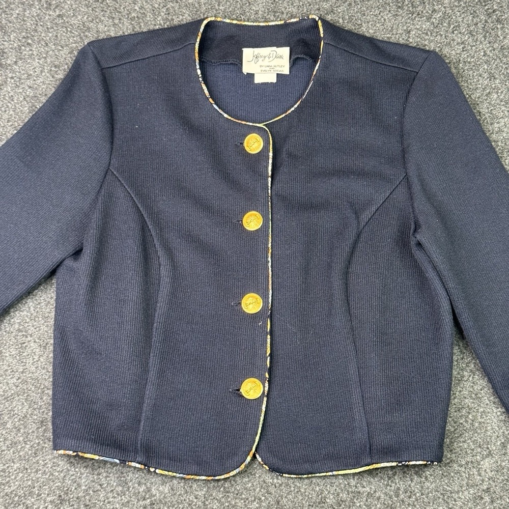 Vintage Jeffrey & Maria Womens 8 Navy Knit Jacket Gold Horse Bit Buttons Preppy